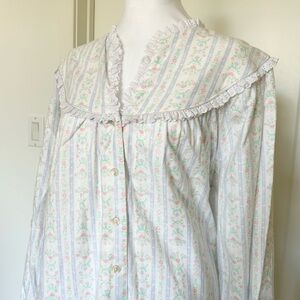 Vintage Lanz Of Salzburg Floral Striped Ruffle Cotton Flannel Nightgown